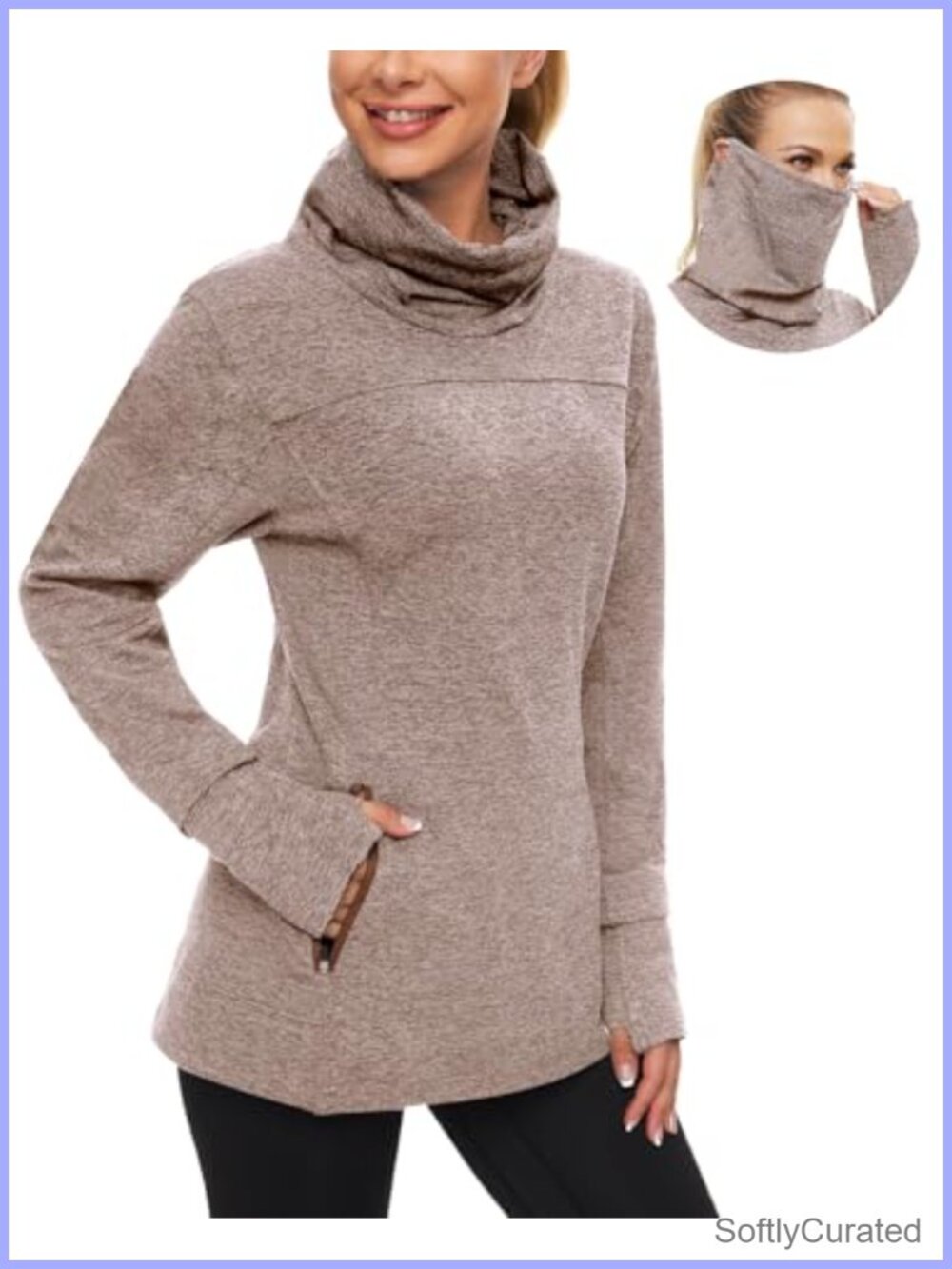 Fleece Running Sweatshirt Cowl Neck Pullover Thumb Holes Neck Gaiter
